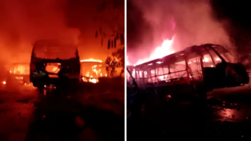 Incendio voraz consume 14 buses de Metrolínea en Girón, Santander