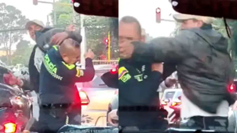 Violenta agresión a policía en Bogotá: sujeto golpea y patea a uniformado en vía pública