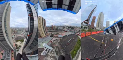 Extranjero ejecuta salto base viral desde edificio en Bogotá y aterriza junto a Torre Atrio