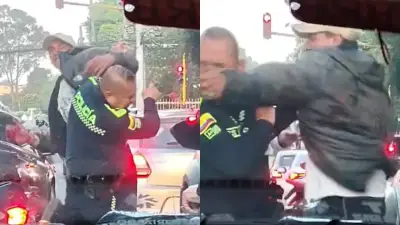 Violenta agresión a policía en Bogotá: sujeto golpea y patea a uniformado en vía pública