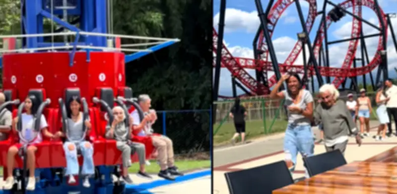 Abuela se vuelve viral por disfrutar atracciones extremas del Parque del Café con sus nietas