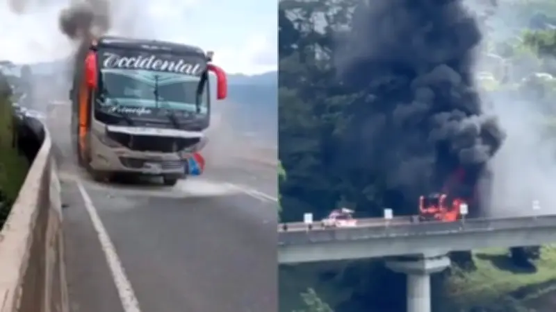 Bus intermunicipal con 20 personas se incendió en Dosquebradas; video captó el momento
