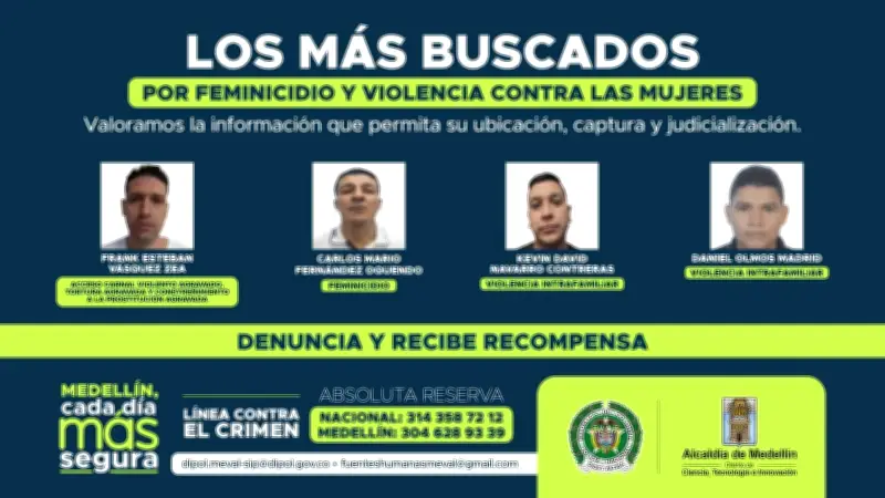 Cuatro hombres son los más buscados por feminicidio y violencia contra mujeres en el Valle de Aburrá