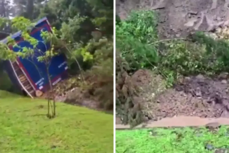 Derrumbe en vía Bogotá-La Vega atrapa tractocamión de Postobón; no hay heridos