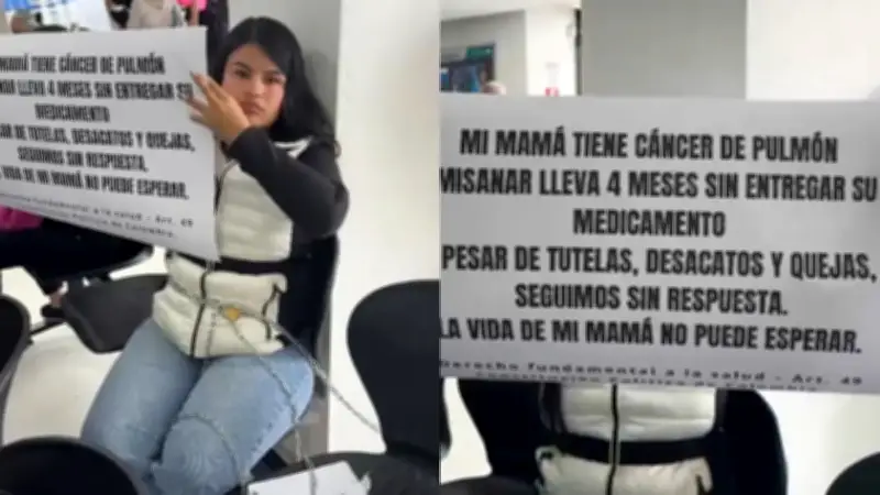 Hija se encadena en Famisanar por falta de medicamentos para su padre con cáncer desde noviembre