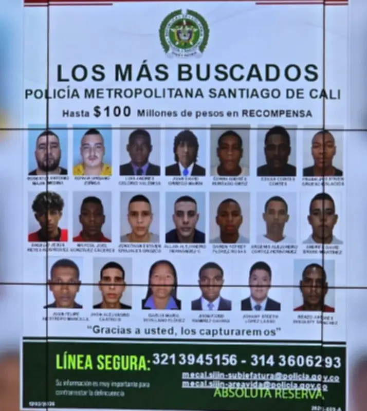 Policía de Cali revela cartel con 20 más buscados por homicidio; ofrecen $100 millones de recompensa
