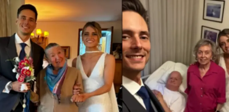 Recién casados conmueven redes al visitar con trajes nupciales a familiares que no pudieron asistir a su boda