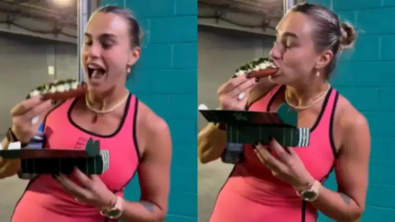 Sabalenka causa furor en redes al probar exclusivo perro caliente de caviar en Miami Open