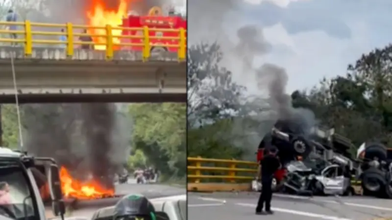 Tractomula se incendia tras choque y colapsa vía La Vega-Villeta en Cundinamarca