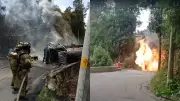 Explosión de camión cisterna con gas en vía Bogotá-La Calera moviliza a bomberos