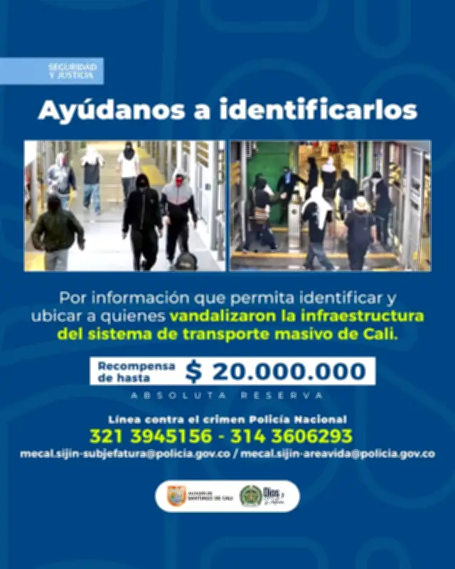 Autoridades publican cartel de más buscados por vandalismo al MÍO en Cali con recompensa de $20 millones