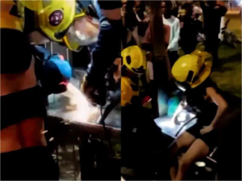 Bomberos de Cali rescatan a joven con dedo atrapado en banca del MIO en Potrero Grande