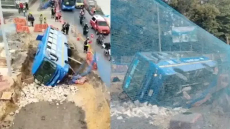 Bus del SITP cayó en zanja de obras del metro en la carrera 68