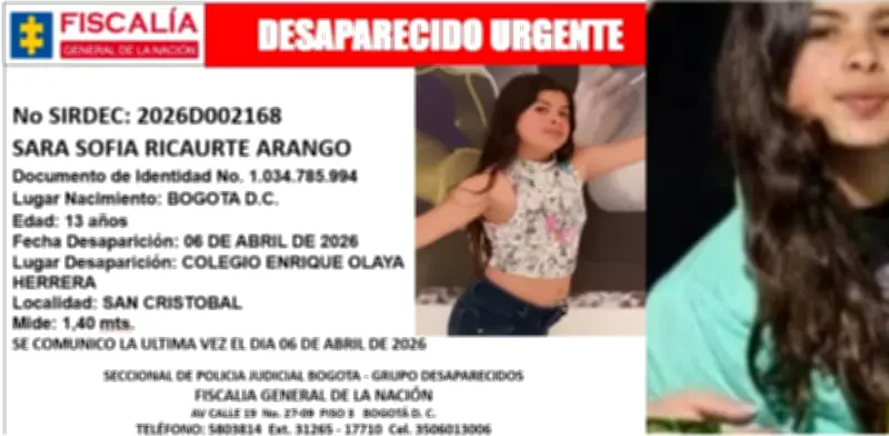 Desaparición de Sara Sofía Ricaurte Arango, de 13 años, en Bogotá: Familia denuncia falta de acción