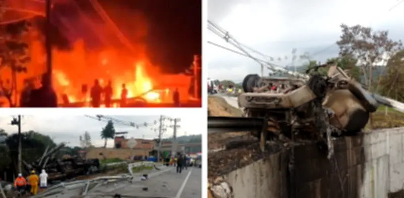 Dos muertos tras incendio de cisterna en vía Bogotá-Girardot: vehículo quedó completamente calcinado