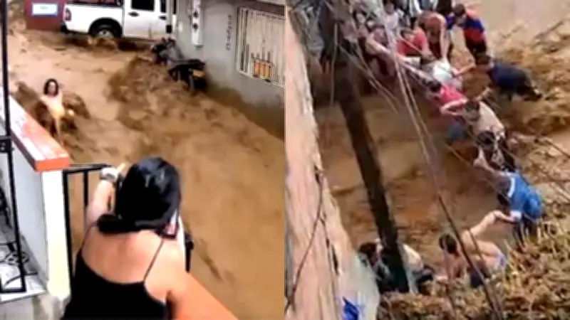 Escalera humana en Manrique salva a joven arrastrado por lluvias torrenciales en Medellín