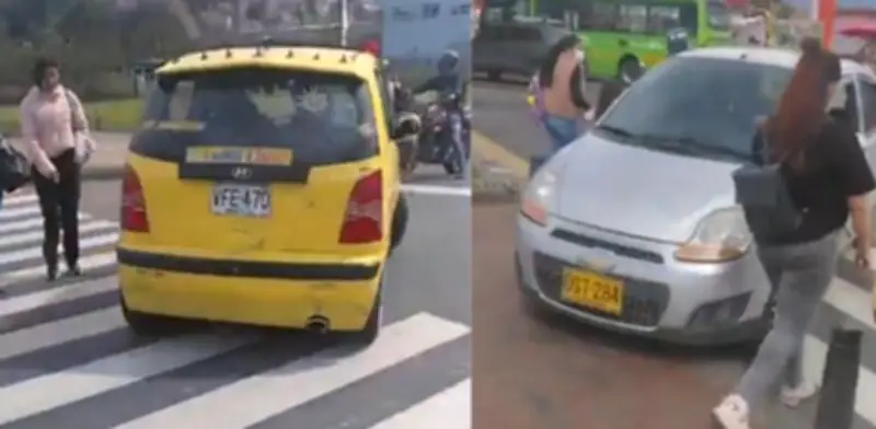 Maniobra peligrosa de taxista y conductor en Bogotá casi atropella peatones