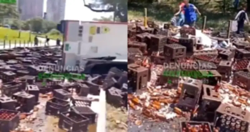 Camión cargado de cerveza se vuelca en Bello y evitan saqueo en la Autopista Norte
