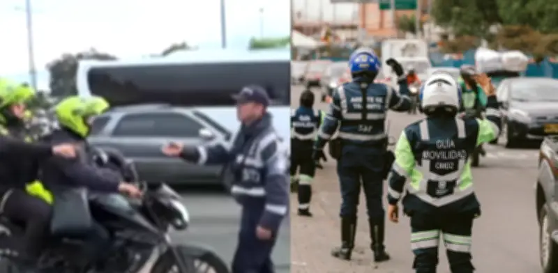 Dos policías inmovilizados en vivo por agente de tránsito en Bogotá