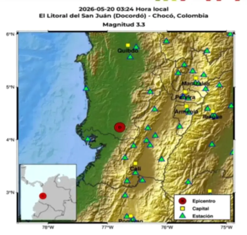 Temblor en Chocó de magnitud 3.3 sacude el occidente colombiano