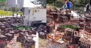 Camión cargado de cerveza se vuelca en Bello y evitan saqueo en la Autopista Norte