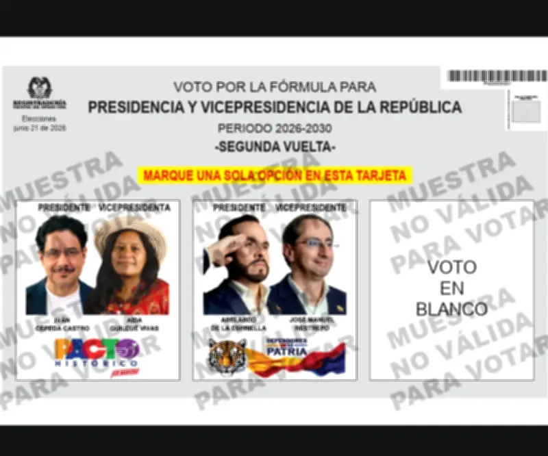 Tarjeta electoral para segunda vuelta presidencial 2026-2030