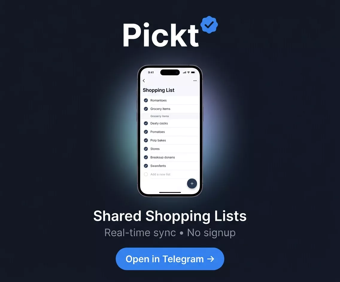 Banner de Pickt — listas de compras compartidas para familias y parejas en Telegram