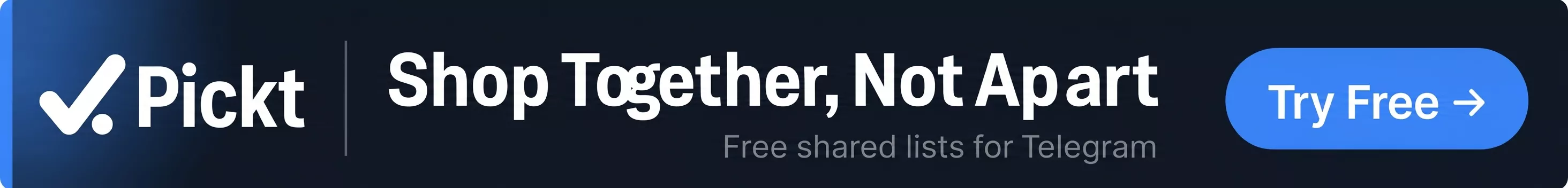 Banner ancho de Pickt — app de listas de compras colaborativas para Telegram